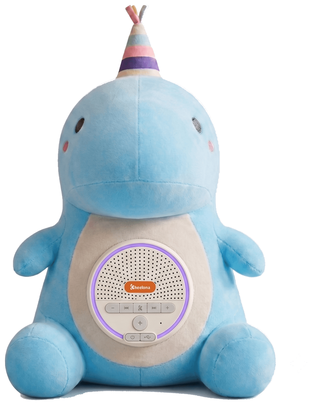 Lumi, the sky blue talking plush toy, sitting calmly