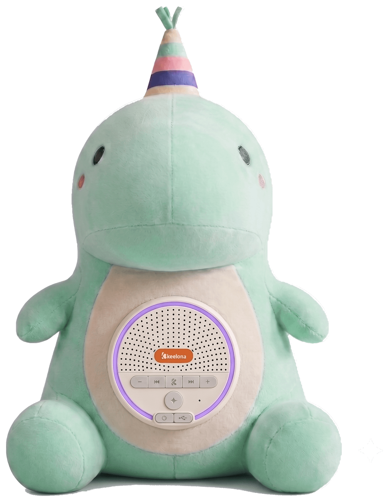 Lumi Green, the pastel green Lumi plush with a striped party hat