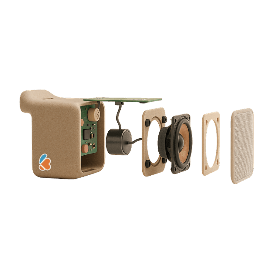 The Kheelona Magic Box module, opened up: the case, circuit board, microphone, and speaker laid out in a row
