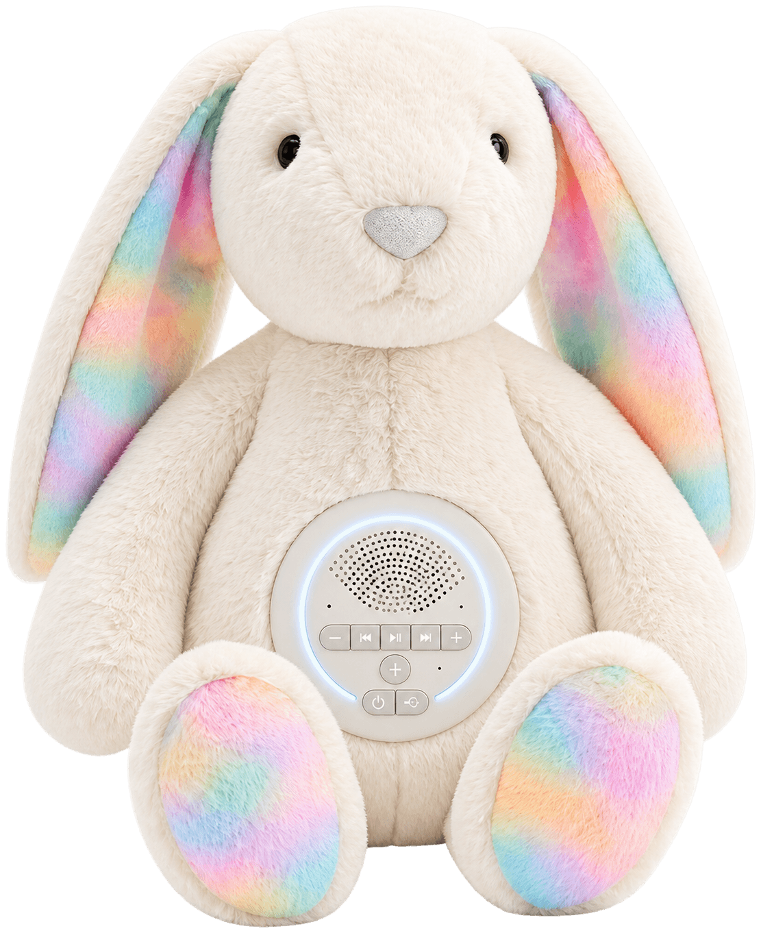 Lumi, the cream talking plush rabbit with a speaker in its tummy and rainbow-lined ears