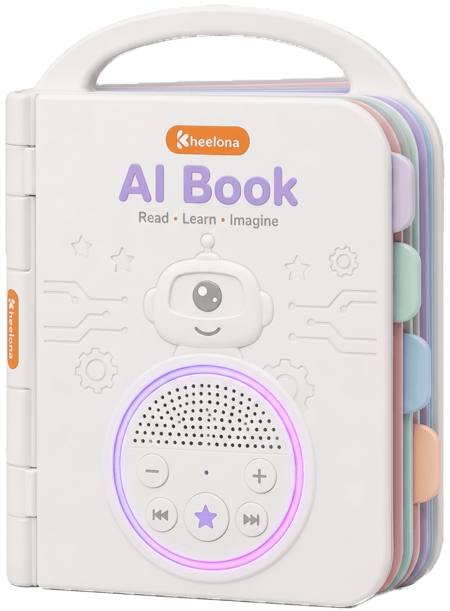 A Kheelona AI book: a sturdy white talking book with a carry handle, pastel page tabs, and a glowing speaker in its cover