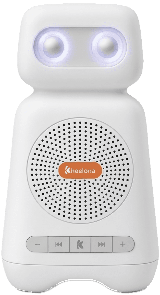 The Kheelu Speaker: a friendly robot-shaped speaker with softly glowing eyes and five simple buttons